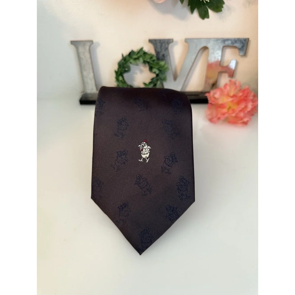 Yi Tang Silk Necktie Brown Logo Duck Through Out Hand Made Vintage 3.5
